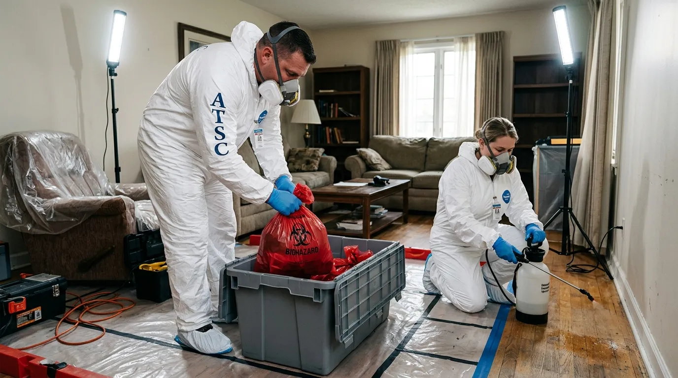 Professional Hazmat Cleanup technician in full PPE working in Des Peres